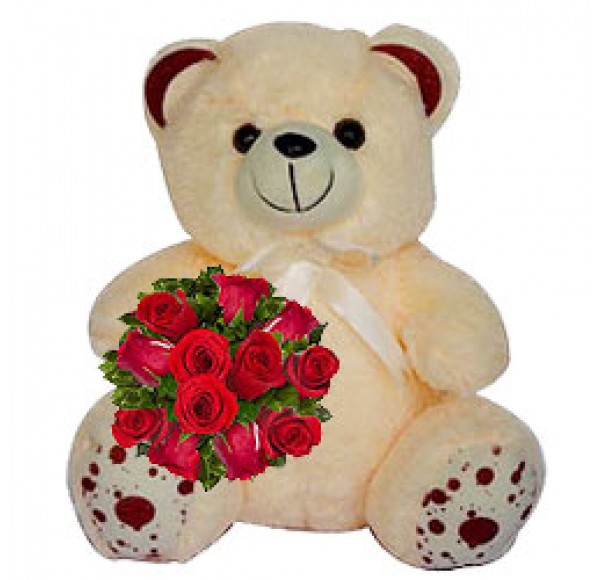 Cute Arrangement of Teddy and Red Roses